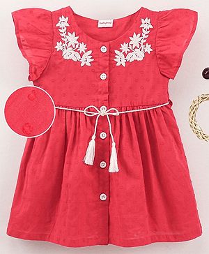 Babyhug 100% Cotton Cap Sleeves Floral Embroidered Frock - Red