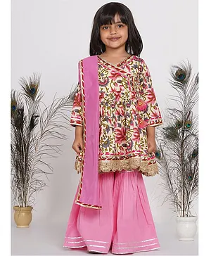 Little Bansi Floral Print Angrakha Style Kurta With Sharara & Dupatta - Pink