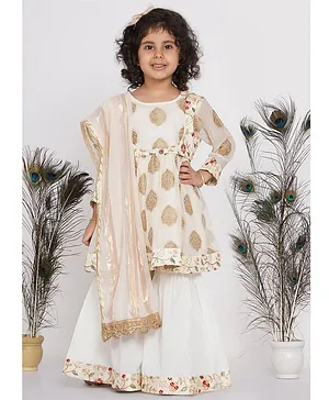 Little Bansi Full Sleeves Banarasi Kurta With Sharara & Dupatta - Cream