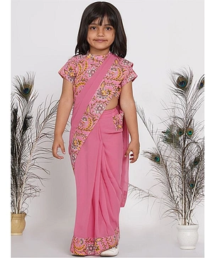 Little Bansi Short Sleeves Floral Print Blouse With Ready To Wear Saree - Pink