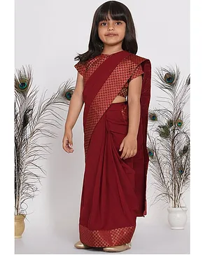 Little Bansi Short Sleeves Brocade Blouse With Ready To Wear Saree - Maroon