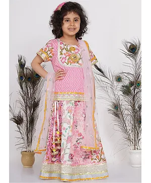 Little Bansi Half Sleeves Floral Print Choli With Lehenga & Dupatta - Light Pink