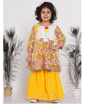 Little Bansi Full Sleeves Floral Print Kurta With Sharara & Dupatta - Yellow