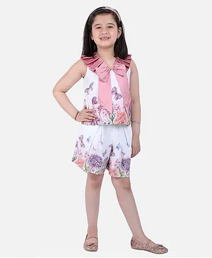One Friday Sleeveless Butterfly Print Top With Bow Applique - Off White
