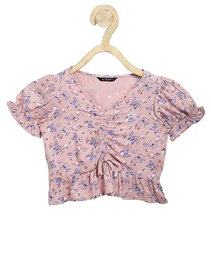 Allen Solly Juniors Puffed Sleeves Top Butterfly & Floral Print - Pink