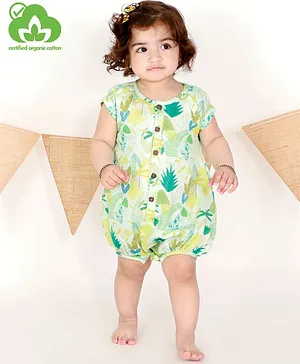Miko Lolo Short Sleeves Leafy Forest Print Onesie - Green & Blue