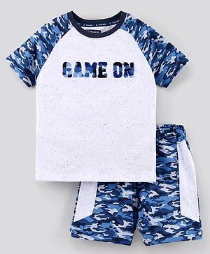 Pine Kids Half Sleeves Bio Washed Cotton T-Shirt With Knee Length Shorts Game On Embroidery And Camo Print - Blue Grey