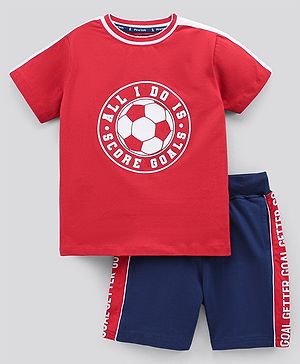Pine Kids Half Sleeves Cotton T Shirt And Shorts Set Football Print - Red Blue