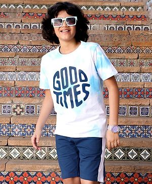 Pine Kids Half Sleeves Biowashed Cotton T-Shirt And Knee Length Shorts Set With Side Pockets Good Times HD Print - Blue