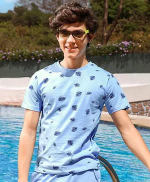 Pine Kids Bio Washed Half Sleeves T Shirt  and Shorts Set Leaf Print - Blue