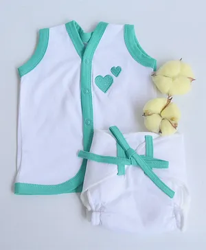 Yellow Doodle 100% Organic Cotton Sleeveless Vest And Cloth Nappy Green Hearts Babywear Set Large - Green