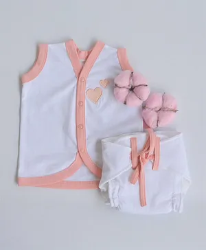 Yellow Doodle 100% Organic Cotton Sleeveless Vest And Cloth Nappy Peach Hearts Babywear Set Small - Peach