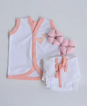 Yellow Doodle 100% Organic Cotton Sleeveless Vest And Cloth Nappy Peach Hearts Babywear Set Medium - Peach