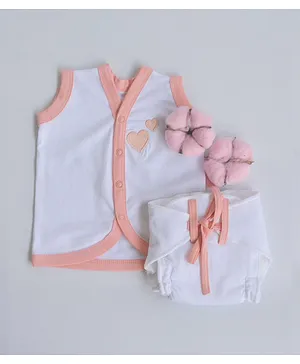 Yellow Doodle 100% Organic Cotton Sleeveless Vest And Cloth Nappy Peach Hearts Babywear Set Large - Peach