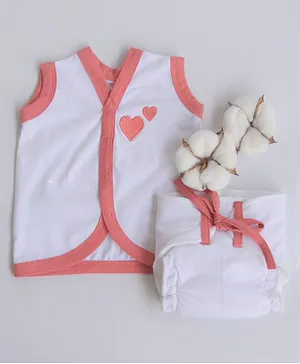 Yellow Doodle 100% Organic Cotton Sleeveless Vest And Cloth Nappy Heart Print - Peach