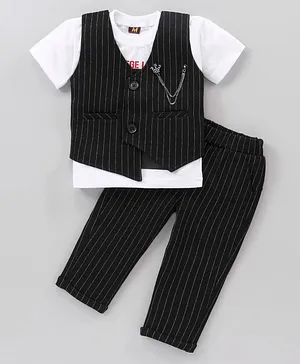 Dapper Dudes Half Sleeves Printed Tee With Striped Waistcoat & Pants - Black