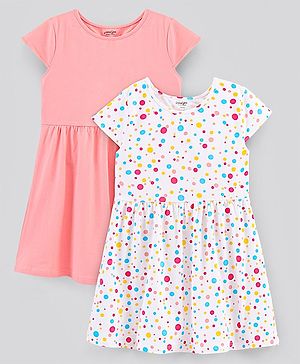 Primo Gino Cotton Elastane Cap Sleeves Frocks Solid & Polka Print Pack Of 2 - White Peach