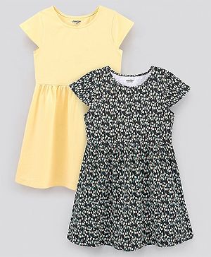 Primo Gino Cap Sleeves Frock Solid & All Floral Print Pack of 2 - Yellow Black