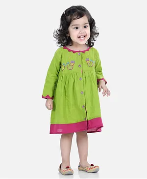 BownBee Full Sleeves Birds Embroidered Detail Dress - Green