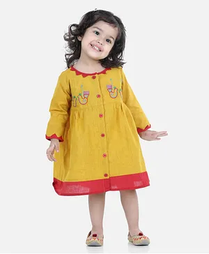 BownBee Full Sleeves Birds Embroidered Detail Dress - Yellow