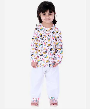 BownBee Full Sleeves Birds Print Shirt With Pant Night Suit - White