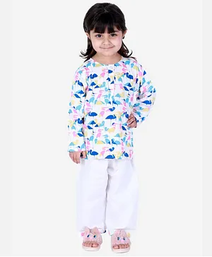 BownBee Full Sleeves Flamingo Print Shirt With Pant Night Suit - White