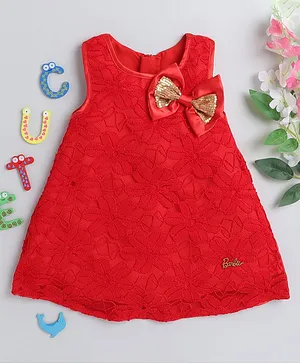 Barbie by Many Frocks & Sleeveless Sequin Double Bow Applique On Floral Embroidered Dress - Red