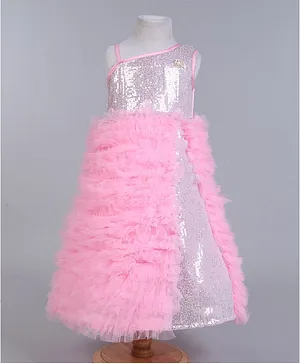 Barbie by Many Frocks & Sleeveless One Shoulder Sequin & Frill Embellished Gown - Pink