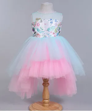 Barbie by Many Frocks & Sleeveless Sequin Embellished Floral Print Yoke High Low Tulle Dress - Pink & Blue