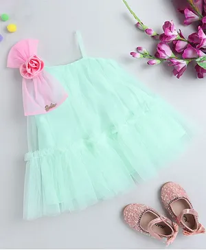 Barbie by Many Frocks & Sleeveless One Shoulder Rose Bow Applique On Tiered Tulle Dress - Sea Green