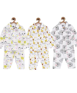 The Mom Store Pack Of 3 Baby Animal Print Shirt & Pajama Night Suits - White