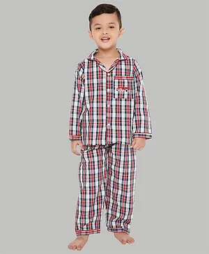 Knitting Doodles Full Sleeves Checkered Night Suit - Red & White