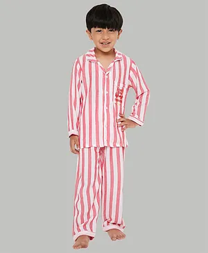 Knitting Doodles Full Sleeves Striped Night Suit - Red