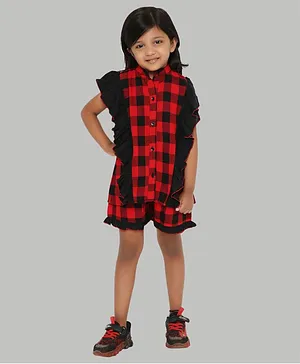 Knitting Doodles Short Sleeves Checked Top With Shorts - Red