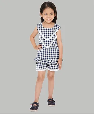 Knitting Doodles Sleeveless Checked Top With Shorts - Dark Blue