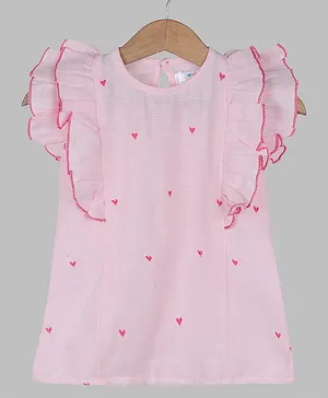 Knitting Doodles Short Sleeves Hearts Embroidered Top - Pink
