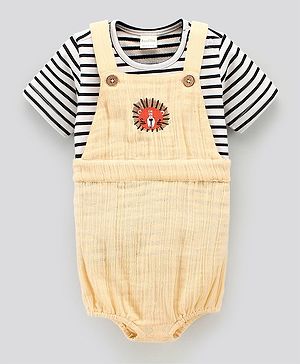 Bonfino Dungaree With Half Sleeves Striped Inner Tee Placement Print- Yellow