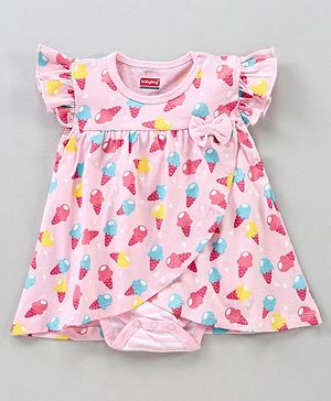 Babyhug 100% Cotton Short Sleeves Frock Style  Onesie Ice Cream Print - Pink