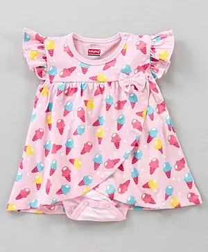 Babyhug 100% Cotton Short Sleeves Frock Style  Onesie Ice Cream Print - Pink