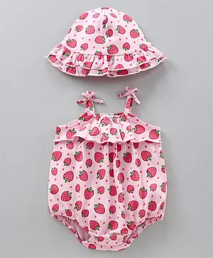 Babyhug 100% Cotton Sleeveless Onesie With Cap Strawberry Print - Pink
