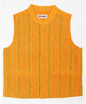 Fabindia Sleeveless Embroidered Nehru Jacket - Yellow