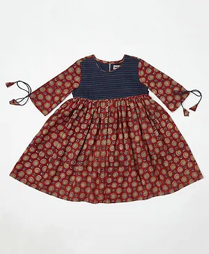Fabindia Three Fourth Sleeves Mull Print Dress - Maroon