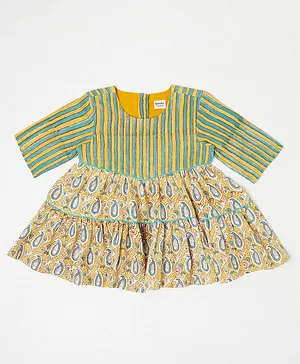 Fabindia Three Fourth Sleeves Striped Dress - Yellow