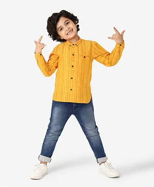 Fabindia Cotton Nagari Full Sleeves Stripe Design Shirt - Yellow