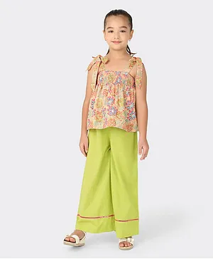 Fabindia Sleeveless Floral Print Top And Solid Flared Pants - Peach