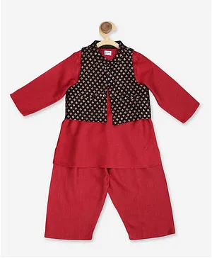 Fabindia Full Sleeves Kurta With Pajama & Motif Print Contrast Waistcoat - Red