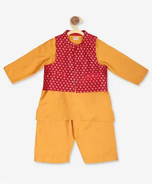 Fabindia Full Sleeves Kurta With Pajama & Motif Print Waistcoat - Yellow
