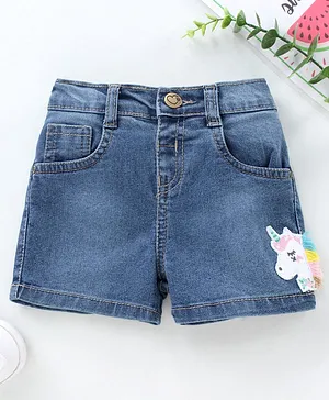Babyhug Mid Thigh Washed Embroidered Denim Shorts - Blue