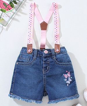 Babyhug Mid Thigh Washed & Embroidered Denim Shorts With Suspender - Blue