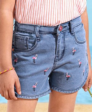 Babyhug Denim Shorts Flamingo Embroidery - Blue